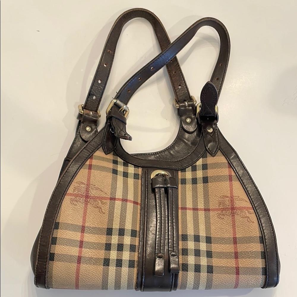 Burberry Tan and Brown Shoulder Bag with Iconic Check Pattern